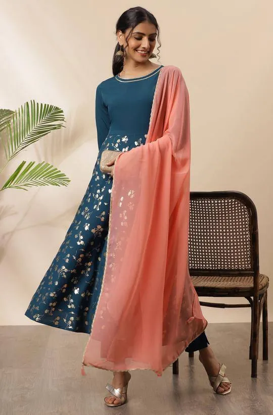 Teal Blue Kurta Palazzo Suit Set with Dupatta