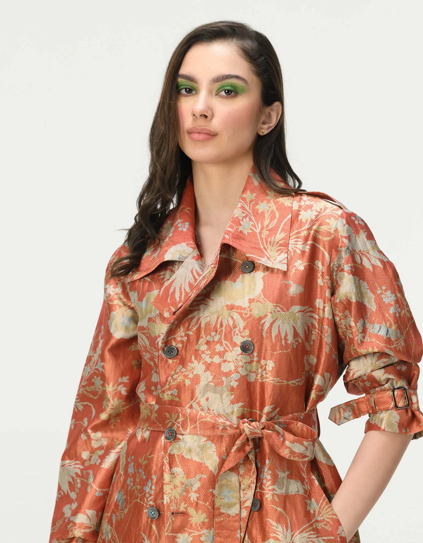 Trench Silk Brocade Coral