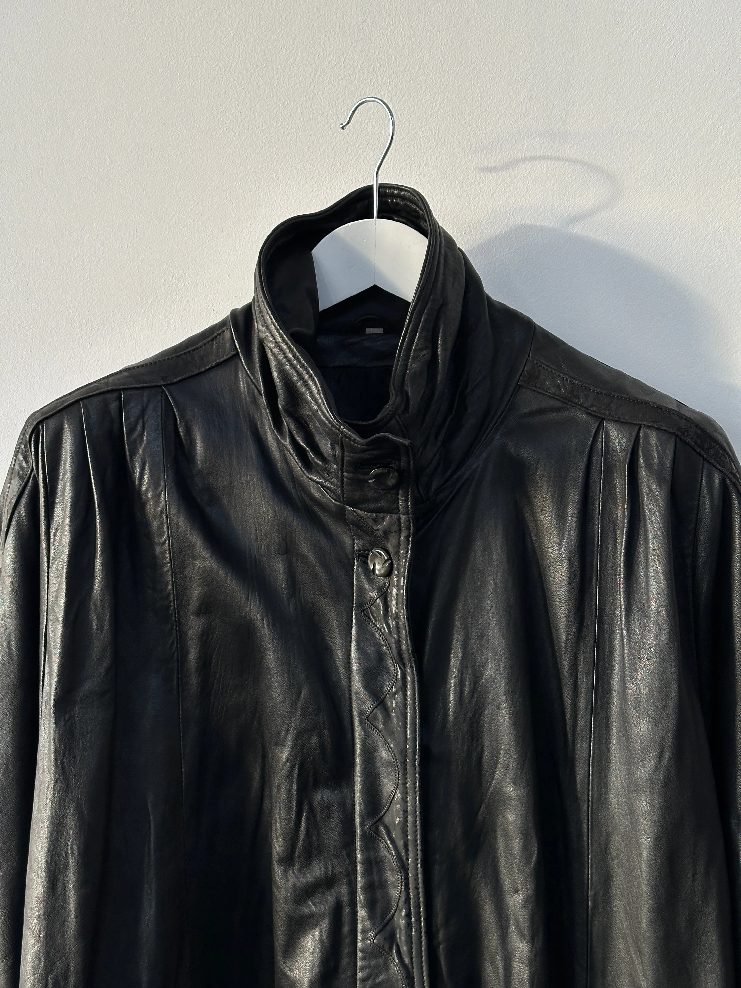 Vintage High Neck Leather Trench Coat - XL