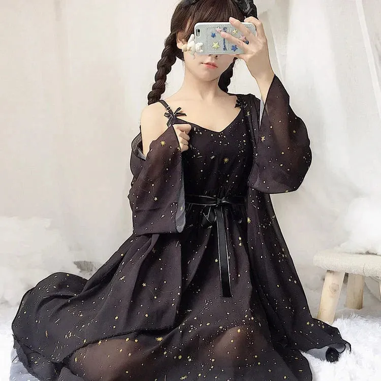 Vintage Meteorite Print Slip Dress Cardigan Set for Girls