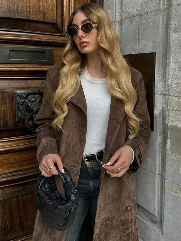 Winter Faux Suede Trench Coat Belted Notch Outerwear