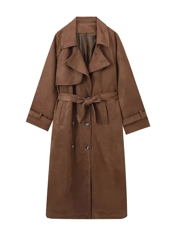 Winter Faux Suede Trench Coat Belted Notch Outerwear