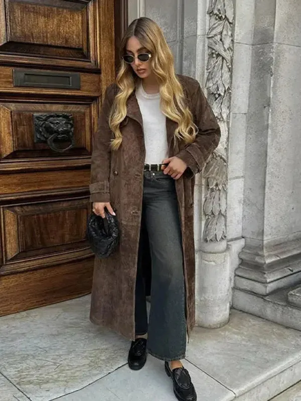 Winter Faux Suede Trench Coat Belted Notch Outerwear