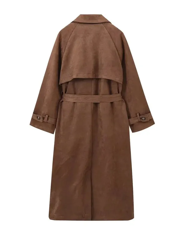 Winter Faux Suede Trench Coat Belted Notch Outerwear