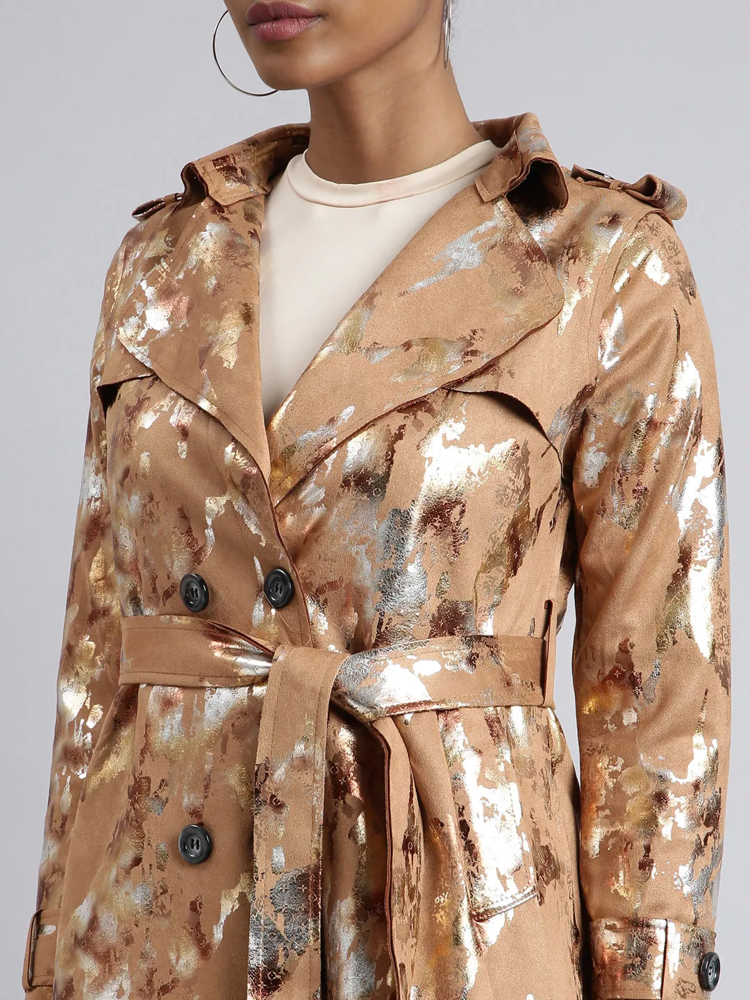 Women Abstract Longline Camel Brown Trench Coat