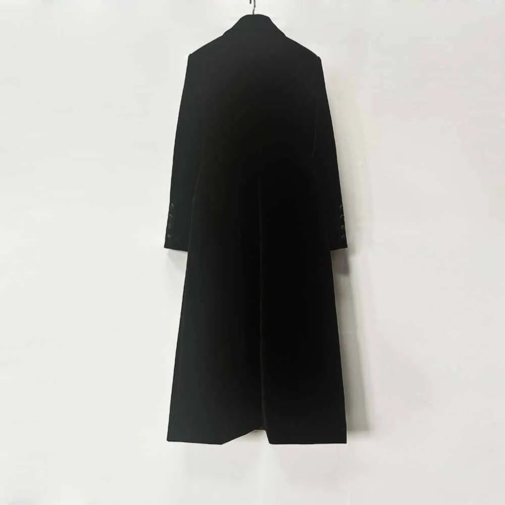 Women Double Breasted Black Velvet Long Blazer Dress Maxi Coat