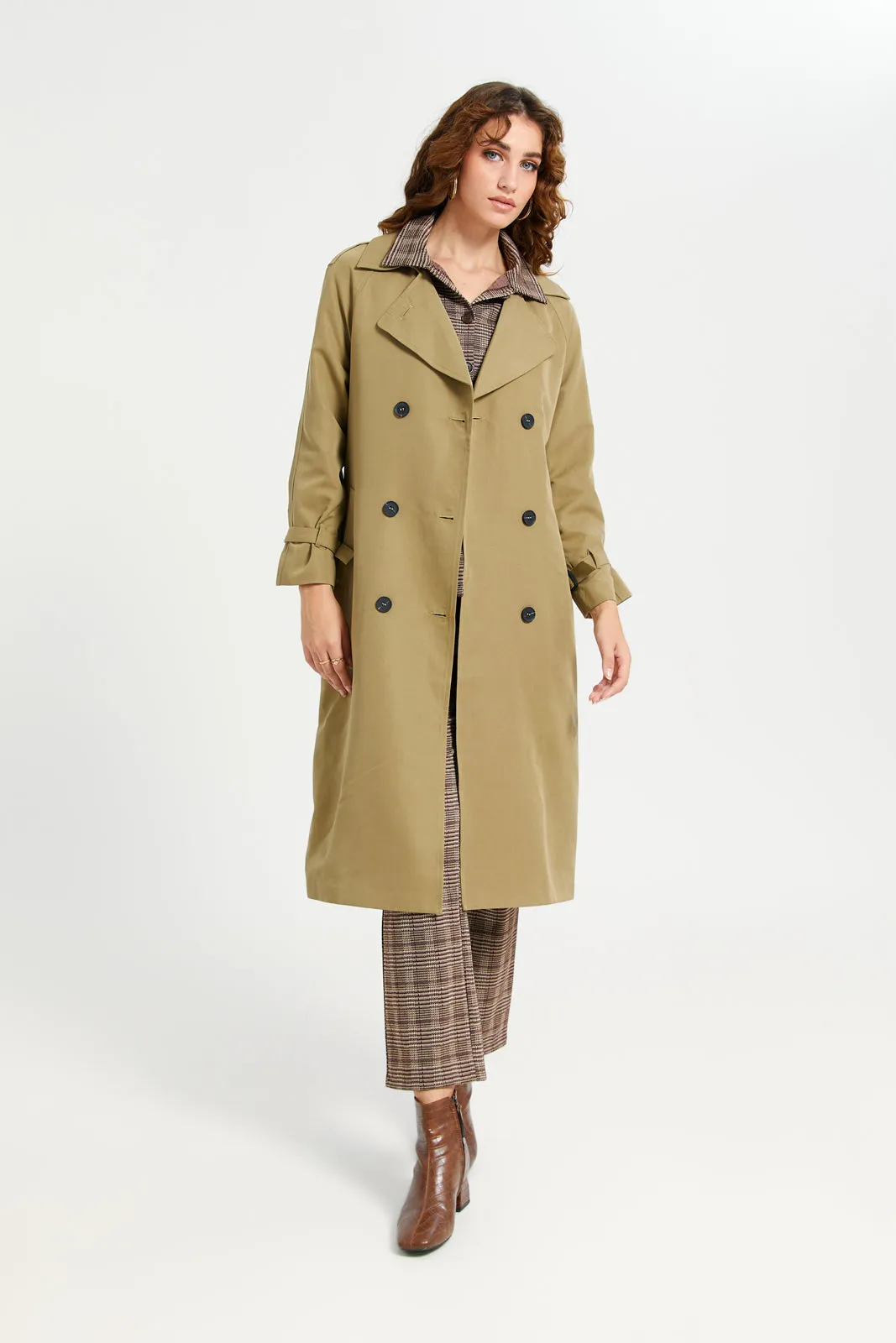 Women Khaki Plain Belted Trench Coat