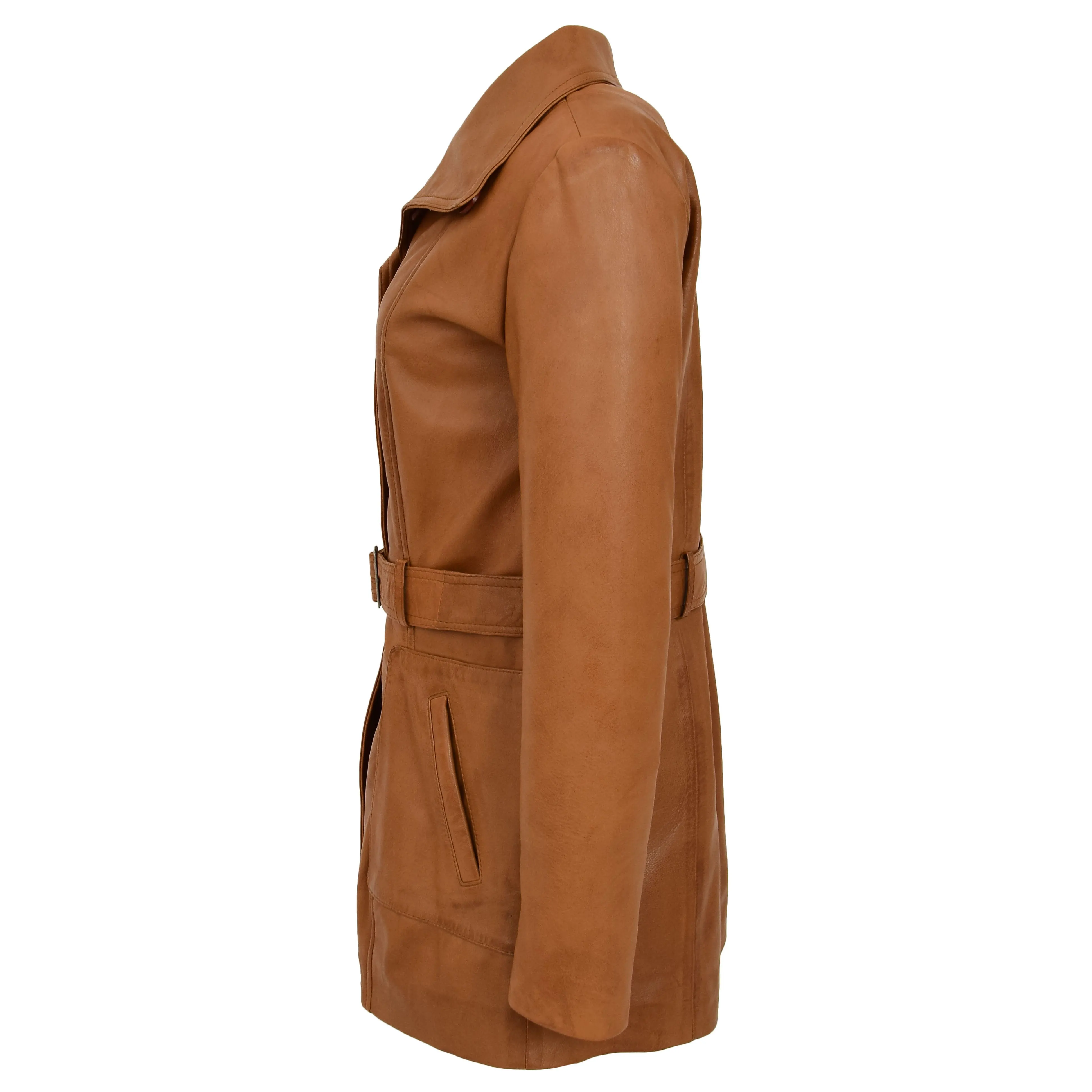 Womens Leather Trench Coat with Belt Shania Tan