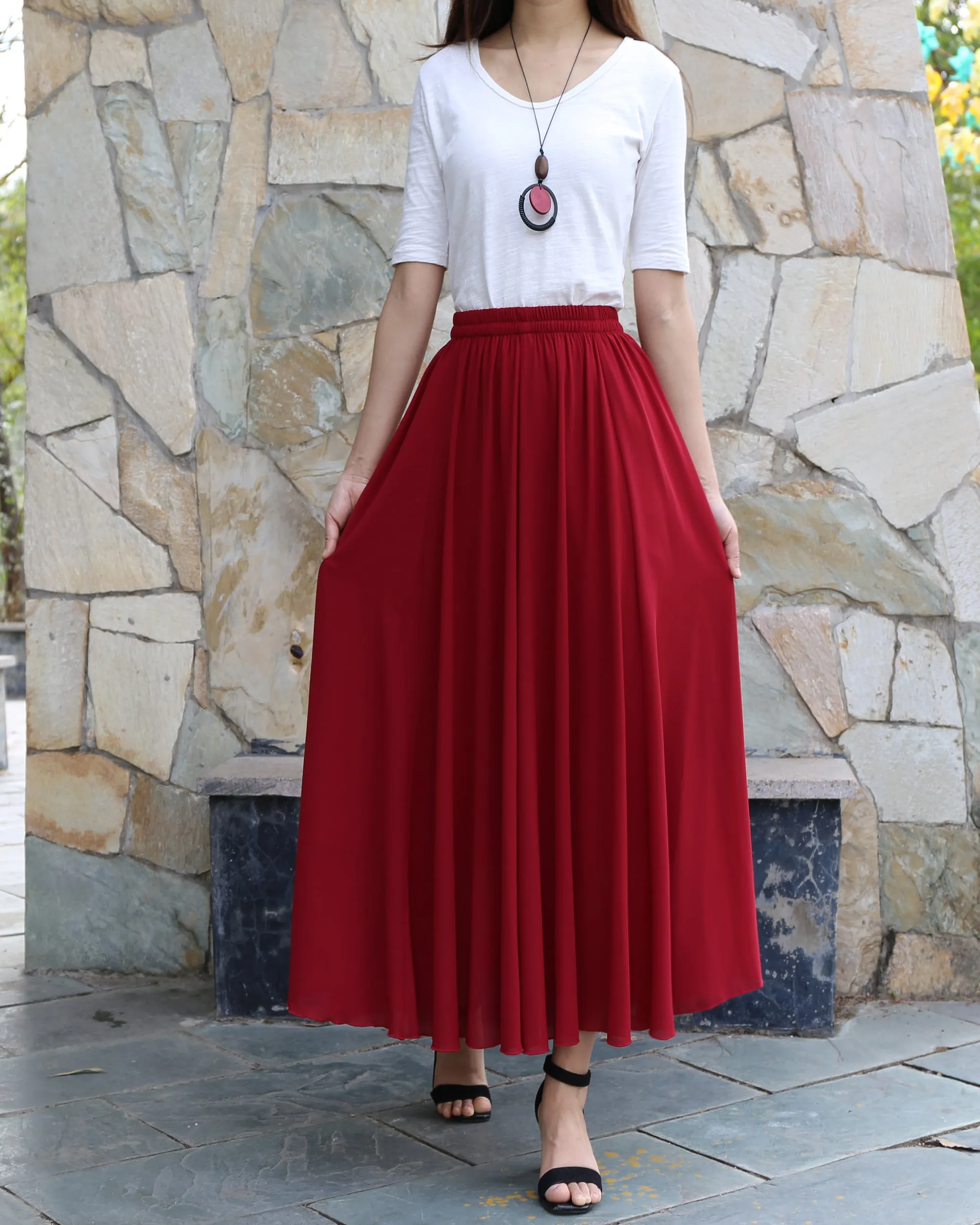 Women's long skirt, maxi skirt, elastic waist skirt, chiffon skirt, A-line skirt, customized summer skirt(Q2021)