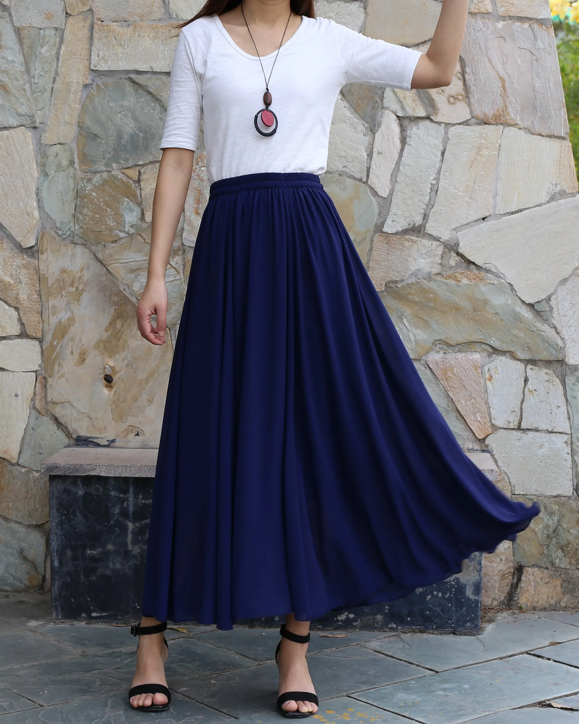 Women's maxi skirt, elastic waist skirt, chiffon skirt, long skirt, A-line skirt, customized summer skirt(Q2021)