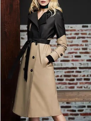 Women's Trench Coat Spliced PU Leather Lapel Double-Breasted Lace-Up Waist Long Sleeve Windbreaker